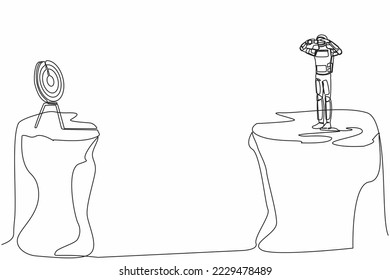 Continuous one line draw astronaut standing on cliff with binoculars looking for target on another cliff. Focus in spaceship innovation. Cosmonaut outer space. Single line design vector illustration