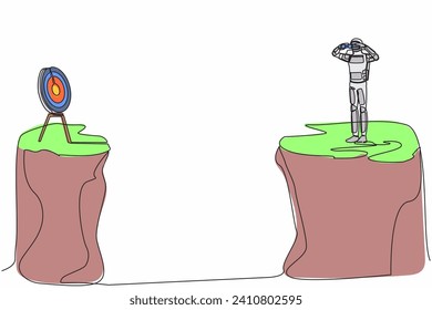 Continuous one line draw astronaut standing on cliff with binoculars looking for target on another cliff. Focus in spaceship innovation. Cosmonaut outer space. Single line design vector illustration