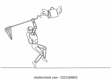 Continuous one line draw young astronaut try to catching flying shopping bag with butterfly net. Spacesuit fashion for spaceman. Cosmonaut outer space. Single line graphic design vector illustration