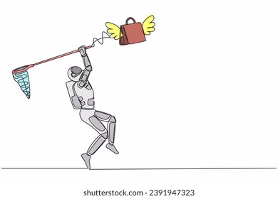 Continuous one line draw young astronaut try to catching flying shopping bag with butterfly net. Spacesuit fashion for spaceman. Cosmonaut outer space. Single line graphic design vector illustration