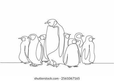 Continuous one line drawing 1 adult penguin standing among several penguin chicks. Teaching to find food in the wild. The emperor. World Penguin Day. Single line draw design vector illustration