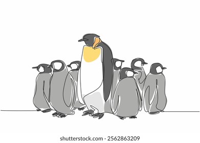 Continuous one line drawing 1 adult penguin standing among several penguin chicks. Teaching to find food in the wild. The emperor. World Penguin Day. Single line draw design vector illustration