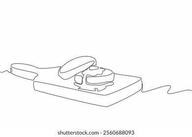 Continuous one line drawing 2 English muffins stacked on a wooden cutting board. Fresh from the oven. Tasting homemade. Tasty. National English Muffin Day. Single line draw design vector illustration