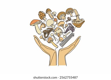 Continuous one line drawing 2 hands holding several variants of heart-shaped mushrooms. Symbol of connoisseur of stir-fried mushrooms. Day of the Mushroom. Single line draw design vector illustration