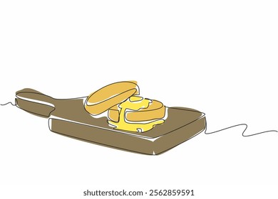 Continuous one line drawing 2 English muffins stacked on a wooden cutting board. Fresh from the oven. Tasting homemade. Tasty. National English Muffin Day. Single line draw design vector illustration