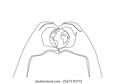 Continuous one line drawing 2 hands forming heart shape and in the middle of the hands is round globe. Protecting the earth with all love. Global Love Day. Single line draw design vector illustration