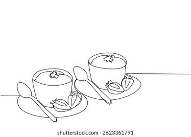 Continuous one line drawing 2 pieces of cheese souffle in a bowl on a plate with sliced ​​strawberries. Enjoying togetherness. National Cheese Souffle Day. Single line draw design vector illustration