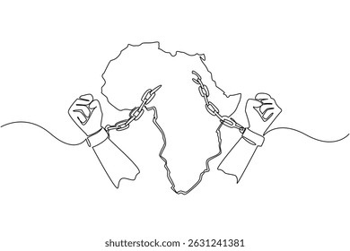 Continuous one line drawing 2 clenched hands with broken handcuffs and the African continent. Commemoration. Unity of the people. African Liberation Day. Single line draw design vector illustration