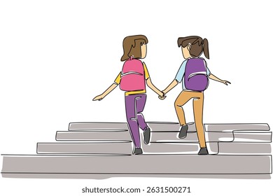 Continuous one line drawing 2 girls carrying backpacks holding hands walking up the stairs. True friendship of two students. Walk Safely To School Day. Single line draw design vector illustration
