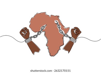 Continuous one line drawing 2 clenched hands with broken handcuffs and the African continent. Commemoration. Unity of the people. African Liberation Day. Single line draw design vector illustration