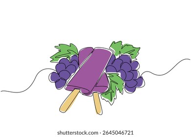 Uma linha contínua desenhando 2 picolés de uvas empilhadas e uvas com folhas. Desfrute do sabor doce e azedo das uvas em picolé. Dia do Picolé das Uvas. Ilustração de vetor de design de desenho de linha única