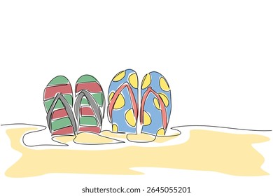 Uma linha contínua desenhando 2 pares de chinelos estampados embutidos na areia. Um jovem casal passa as férias na praia. Dia Nacional do Flip Flop. Ilustração de vetor de design de desenho de linha única