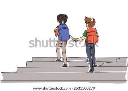 Continuous one line drawing 2 boys carrying backpacks holding hands walking up the stairs. Take care of each other until school. Walk Safely To School Day. Single line draw design vector illustration