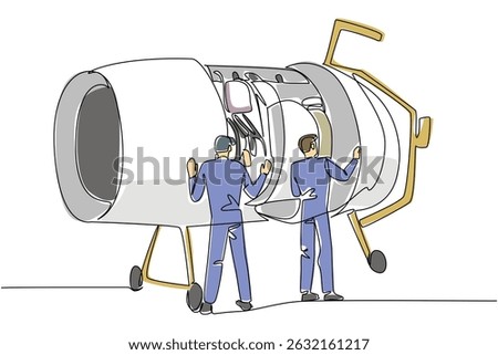 Continuous one line drawing 2 aircraft technicians dismantle the side of an aircraft engine. Carefully maintained. Aviation Maintenance Technician Day. Single line draw design vector illustration
