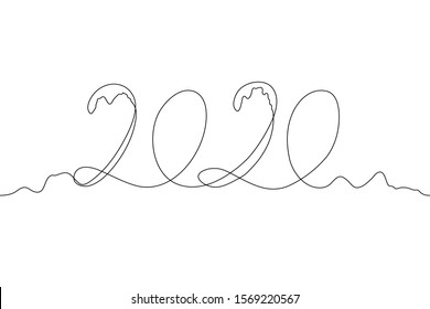 Continuous one line drawing 2020 in winter snowdrifts. Linear vector simple drawing depicting the year of the rat carried by a snowdrift. Anniversary date, can be used for animation.
