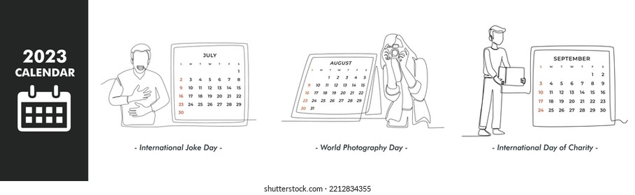 Continuous One Line Drawing 2023 Calendar Set. July Month, August Month And September Month. Single Line Draw Design Vector Graphic Illustration.