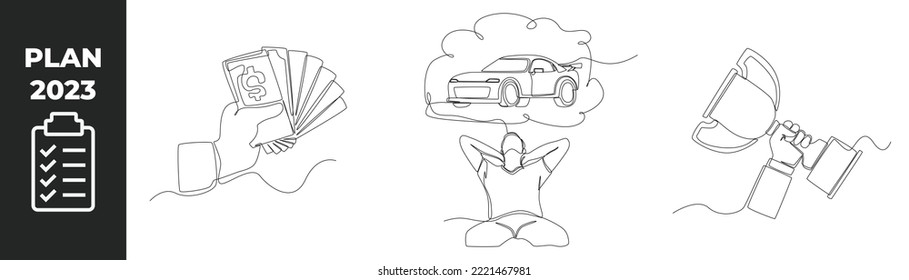 Continuous one line drawing 2023 planning set concept. Holding a lot of dollars, Dream of owning a car and Hand hold trophy. Single line draw design vector graphic illustration.