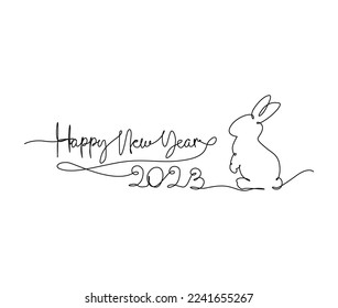 Continuous one line drawing of 2023. Rabbit and new year 2023 handwritten lettering new year text vector.