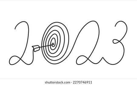 Continuous one line drawing of 2023 New Year target and goals with symbol of 2023. target for new year 2023 concept.