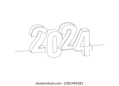 Continuous one line drawing 2024 Happy New Year logo text design. Doodle vector illustration.