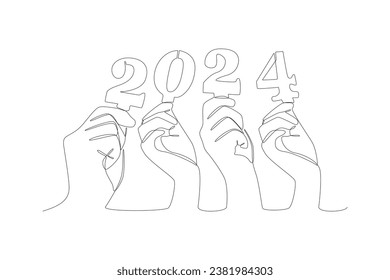 Continuous one line drawing 2024 Happy New Year logo text design. Doodle vector illustration.