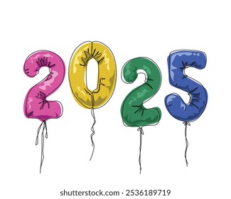 Dibujo continuo de una línea de globos coloridos de 2025. Celebración del Nuevo año. Ilustración vectorial de línea editable.