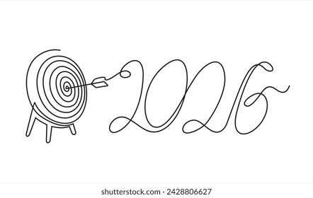 Continuous one line drawing of 2026 New Year target and goals with symbol of 2026. target for new year 2026 concept.