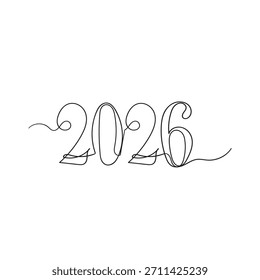 Continuous one line drawing of 2026 new year numbers outline isolated on transparent background
