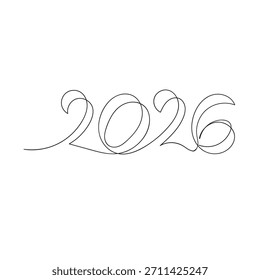 Continuous one line drawing of 2026 new year numbers outline isolated on transparent background