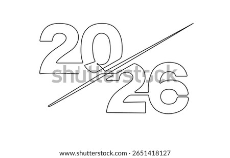 Continuous one line drawing of 2026 new year numbers outline vector , 2026 new year continuous line art clip self drawing animation on white black background. single one line art written outline .