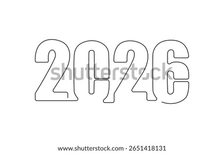 Continuous one line drawing of 2026 new year numbers outline vector , 2026 new year continuous line art clip self drawing animation on white black background. single one line art written outline .