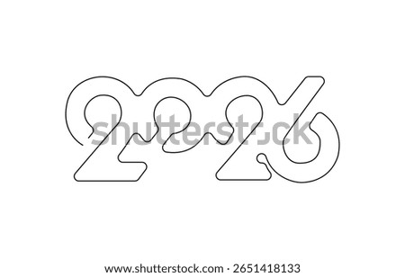 Continuous one line drawing of 2026 new year numbers outline vector , 2026 new year continuous line art clip self drawing animation on white black background. single one line art written outline .