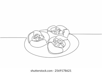 Continuous one line drawing 3 raspberry popovers on a small plate. High fiber snack for kids. For the weekend. Delectation. National Raspberry Popover Day. Single line draw design vector illustration