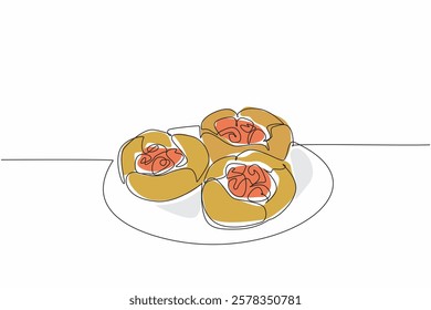 Continuous one line drawing 3 raspberry popovers on a small plate. High fiber snack for kids. For the weekend. Delectation. National Raspberry Popover Day. Single line draw design vector illustration