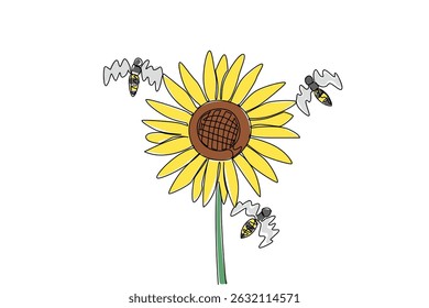 Continuous one line drawing 3 bees flying around a sunflower. Only perch on good places and fresh flowers. The best honey will be produced. World Bee Day. Single line draw design vector illustration