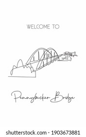 Continuous one line drawing 360 Bridge Texas skyline, Pennybacker Bridge. Beautiful landmark. World landscape tourism travel wall decor poster print art. Single line draw design vector illustration