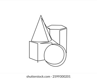 Continuous one line drawing of 3d geometric shapes