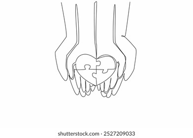 Continuous one line drawing 4 piece puzzle in the shape of love on the palm of the hand. Protect and love with all the heart. World Autism Awareness Day. Single line draw design vector illustration