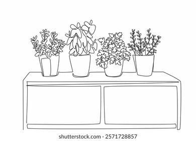 Continuous one line drawing 4 pots containing various plants on top of cupboard. Herbal plants. As complementary supplement to medicine. National Herb Day. Single line draw design vector illustration