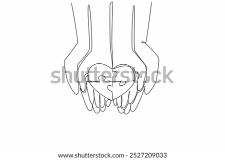 Continuous one line drawing 4 piece puzzle in the shape of love on the palm of the hand. Protect and love with all the heart. World Autism Awareness Day. Single line draw design vector illustration