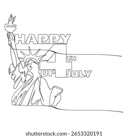 Continuous one line drawing 4th of July. Happy Independence Day concept. Single line draw design vector graphic illustration.