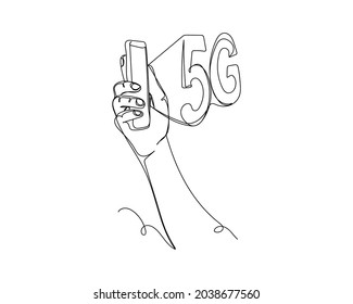 Continuous one line drawing of 5 G icon concept  in silhouette on a white background. Linear stylized.