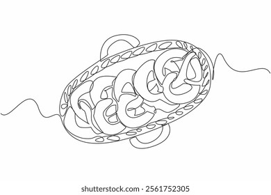 Continuous one line drawing 5 pretzels lined up on a wicker basket. Food display in a cake shop. Presentation invites buyers. Sweet. National Pretzel Day. Single line draw design vector illustration