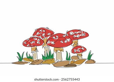 Continuous one line drawing 5 amanita muscaria mushrooms among leaves and grass. Mushrooms that are poisonous and cannot be consumed. Day of the Mushroom. Single line draw design vector illustration