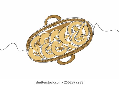 Continuous one line drawing 5 pretzels lined up on a wicker basket. Food display in a cake shop. Presentation invites buyers. Sweet. National Pretzel Day. Single line draw design vector illustration