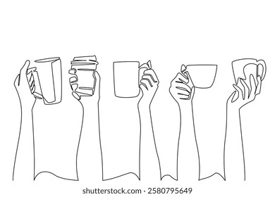 Continuous one line drawing 5 types of glasses were lifted by hands. At an event. Healthy celebration without alcohol just caffeine. National Beverage Day. Single line draw design vector illustration