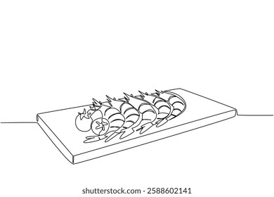 Continuous one line drawing 5 cooked shrimps lined up on a square wooden cutting board. Sour and savory protein. Delicious. Meal. National Shrimp Day. Single line draw design vector illustration