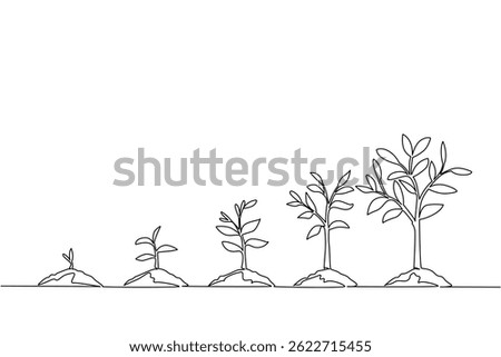 Continuous one line drawing 5 phases of tree growth with soil mounds. Symbolism of new and renewable energy. Protect the environment. World Plant Power Day. Single line draw design vector illustration