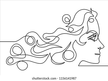 Continuous one line drawing. Abstract portrait of romantic woman face. Vector illustration.