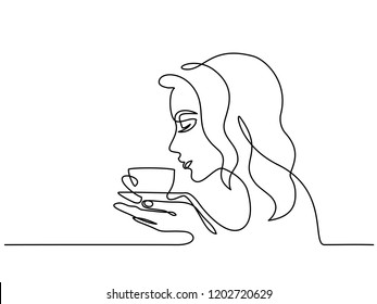 Continuous one line drawing. Abstract portrait closeup of pretty young woman smelling tea coffee. Vector illustration